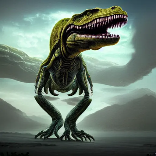 Image similar to ophidien alien taking the form of a t-rex, digital art, sco-fi art, matte painting, award-winning