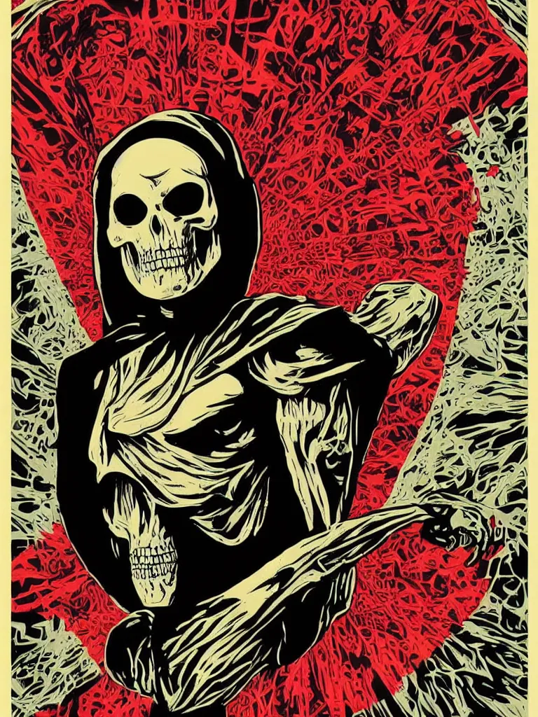 Image similar to portrait of skeletor, poster, fear, ominous, danger, by shepard fairey