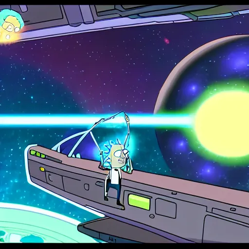 Prompt: screenshot rick and morty flying in their regular ufo in deep space, the death star explodes on background