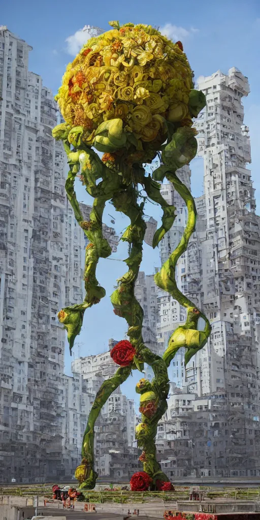 Image similar to giant grotesque flower made from communist dreams in the middle of abandoned post soviet constructivist cityscape, Stalinist architecture, ultradetailed by Hayao Miyazaki and Josan Gonzalez and Makoto Shinkai and Giuseppe Arcimboldo and Wes Anderson