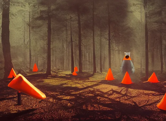 Image similar to a few orange safety cones in a beautiful strange forest and a black hairy fuzzy bear man beast hybrid stands in the center distance, cinematic painting by james jean, atomspheric lighting, moody lighting, dappled light, detailed, digital art, limited color palette, wes anderson, 2 4 mm lens, surreal