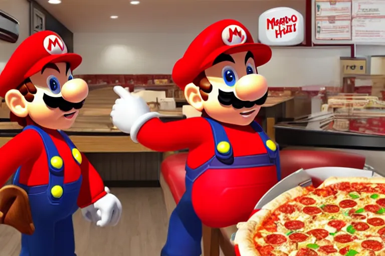 Image similar to a real life mario ordering pizza in pizza hut