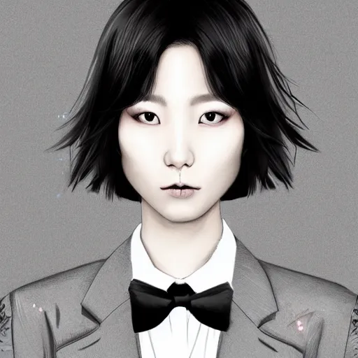 Image similar to portrait of a beautiful korean girl wearing a men's tuxedo, with short messy hair, men's haircut, angular features, angry expression, digital art, elegant pose, detailed illustration