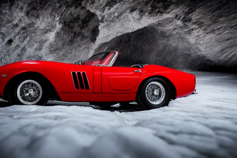 Image similar to cinematography of Ferrari 250 GTO series 2 in a glacier cave by Emmanuel Lubezki