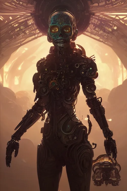 Image similar to ultra detailed female android, scifi, fantasy, octane render, ( dia de los muertos ), asymmetrical, intricate concept art, intricate detailed environment, global illumination, art by godmachine and michael welan and rossdraws and greg rutkowski and alphonse mucha and loish and wlop