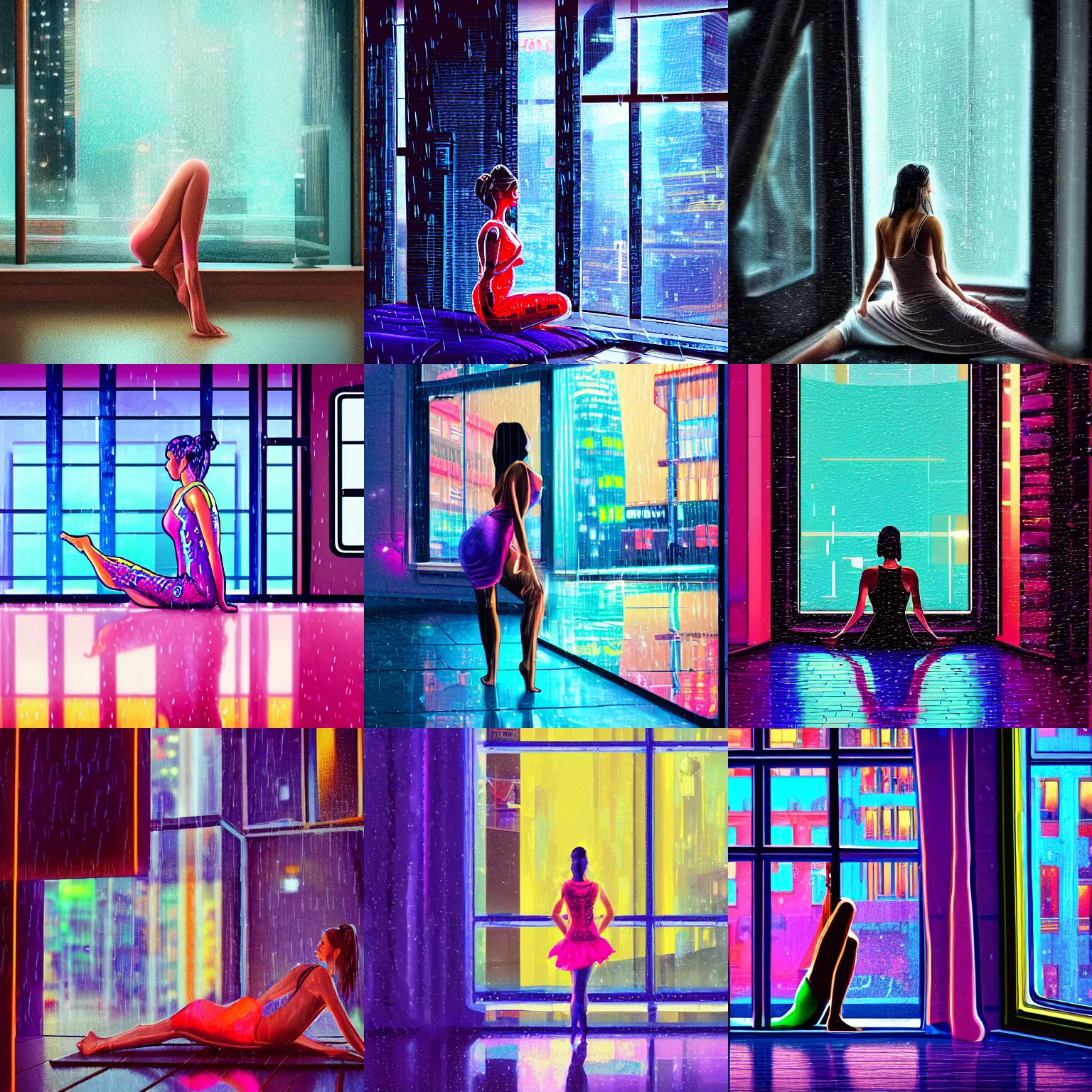 Prompt: A digital painting of a beautiful woman in a tiny dress in a yoga pose on a bed feet up and the window to a rainy cyberpunk city. rain. neon lights. glass reflections. high detail.