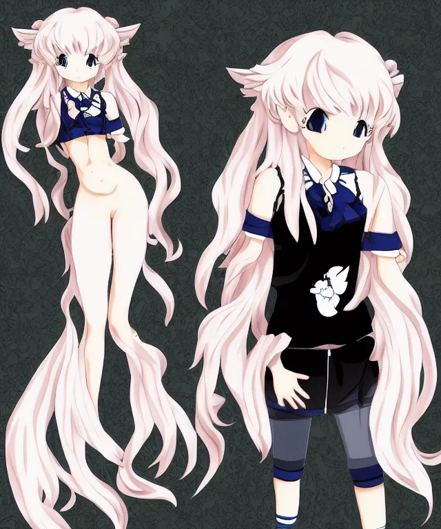 Image similar to full body cute adorable young anime kitsune with white curly hair, style of neytrix