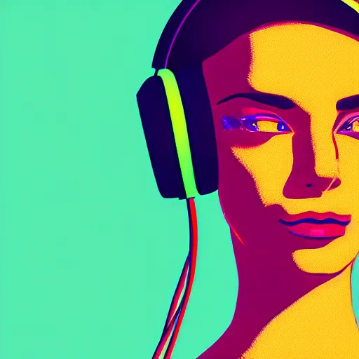 Prompt: a closeup of a female face with headphones in retro colors, synthwave style, 2d digital vector art