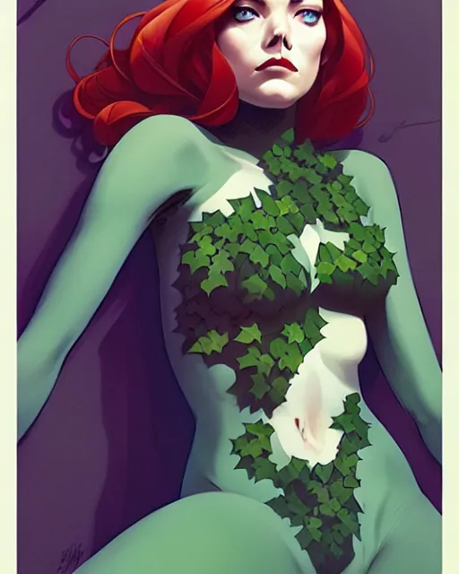 Image similar to joshua middleton, phil noto, artgerm, emma stone poison ivy dc comics, vines, symmetrical eyes, city rooftop