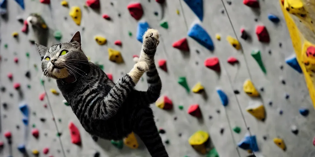 Image similar to an award winning wide photo of, a professional chambionship rock climbing cat, drinking a cup of coffee, and holding onto a rop on an indoor rock climbing wall