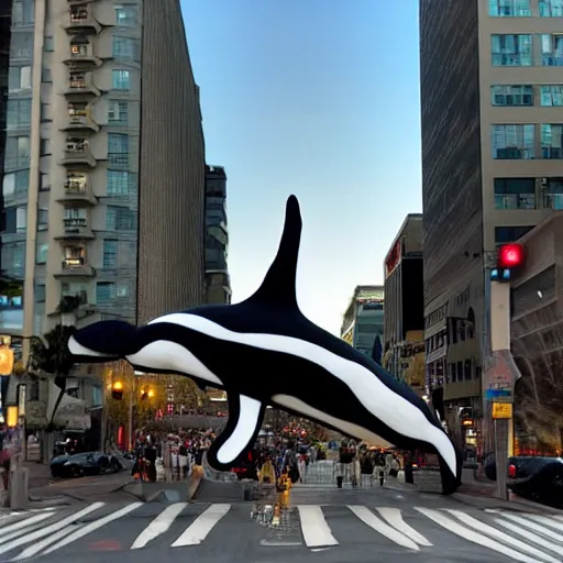 Image similar to photo of an enormous full sized needle - felted killer whale crossing a busy street golden hour