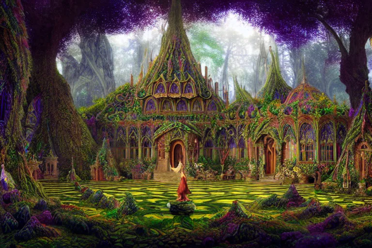 Prompt: a beautiful and highly detailed digital painting of an elven palace in a beautiful garden in a mystical forest, psychedelic patterns, celtic designs, intricate details, epic scale, cgsociety, 8 k, sharp focus, hyperrealism, by caspar friedrich, albert bierstadt, james gurney, brian froud,