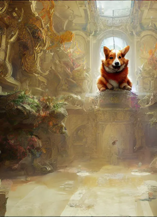 Prompt: beautiful fantasy painting of corgi god chilling in palace, by Ruan Jia, Pascal Blanche, Jake Parker. Trending on Artstation, 8k, masterpiece, graffiti paint, fine detail, full of color, intricate detail