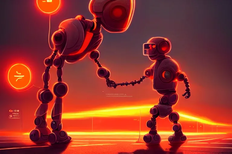 Prompt: : epic professional digital art of a orange robot + helping an elderly man cross the street + best on artstation, cgsociety, wlop, Behance, pixiv, astonishing, impressive, outstanding, epic, cinematic, stunning, gorgeous, much detail, much wow,, masterpiece :