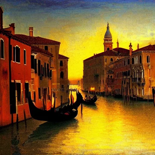 Prompt: A beautiful backlight sunset scene of historic Venice with gondola and reflective water in the style of Johannes Vermeer