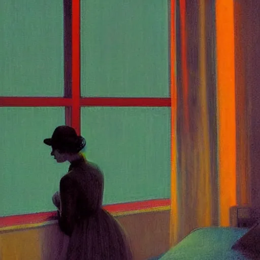 Prompt: silhouette of a woman gazing out the window of her hotel room, rainy night, neon lighting, extremely detailed masterpiece, by Edward Hopper