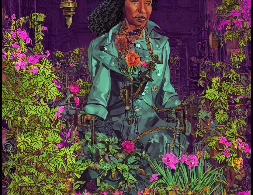 Prompt: black granny in steampunk vaporwave courtyard garden. complementary colors, gouache, indie concept art, bloom, chiaroscuro, backlighting, intricate details.