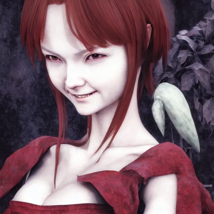 Image similar to renaissance portrait of the secretive vampire girl loner smiling at her next victim, by katsuhiro otomo, yoshitaka amano, nico tanigawa, and artgerm rendered with 3 d effect.