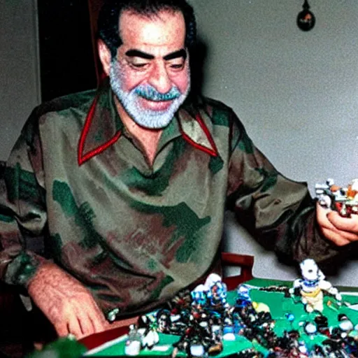 Prompt: saddam hussein playing with bionicle, christmas morning photo, 1990