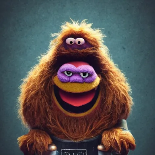 Image similar to a still of a forgotten muppet character looking very manly and modern, hilarious, laughing, hairy chest, huge chin, manly monster tough guy, roughled fur, photo real, photographic, photograph, artstation, trending, featured