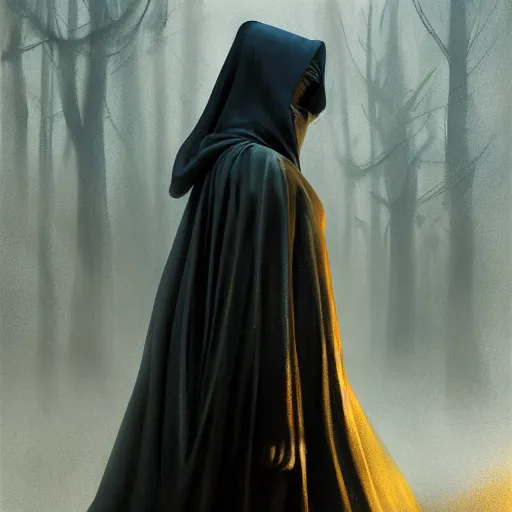 Image similar to a portrait of a young woman wearing a long dark cloak, hood and shadows covering face, holding golden chains, oil painting, matte painting, black background, Volumetric Golden dappled dynamic lighting, Highly Detailed, Cinematic Lighting, Unreal Engine, 8k, HD, by Beksinski