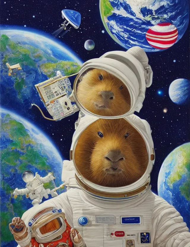 Image similar to beautiful detailed and adorable painting of a capybara astronaut in a spacesuit floating above earth by casey weldon by mark ryden by thomas blackshear, super cute, new contemporary, pop surrealism, oil painting