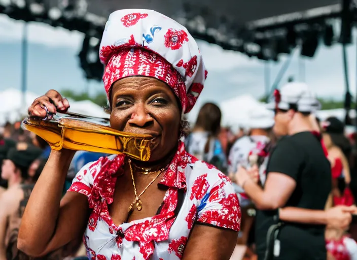 Image similar to photo still of aunt jemima in period attire at vans warped tour!!!!!!!! at age 4 0 years old 4 0 years of age!!!!!!! on stage pouring maple syrup on the crowd, 8 k, 8 5 mm f 1. 8, studio lighting, rim light, right side key light