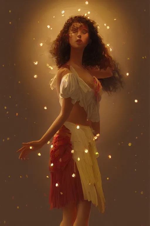 Image similar to portrait of spanish girl dancing with a skirt made out of fruit bananas, intricate, elegant, glowing lights, highly detailed, digital painting, artstation, sharp focus, illustration, art by wlop, mars ravelo and greg rutkowski