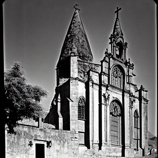 Prompt: a black and white photo of an old cathedral, a colorized photo by john thomson of duddingston, cg society, quito school, 1 9 7 0 s, 1 9 2 0 s, 1 9 9 0 s