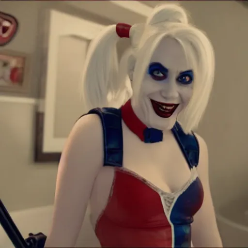 Prompt: harley quinn as an old toilet cleaner 4k