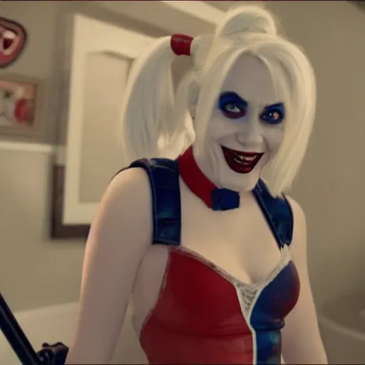 Image similar to harley quinn as an old toilet cleaner 4k