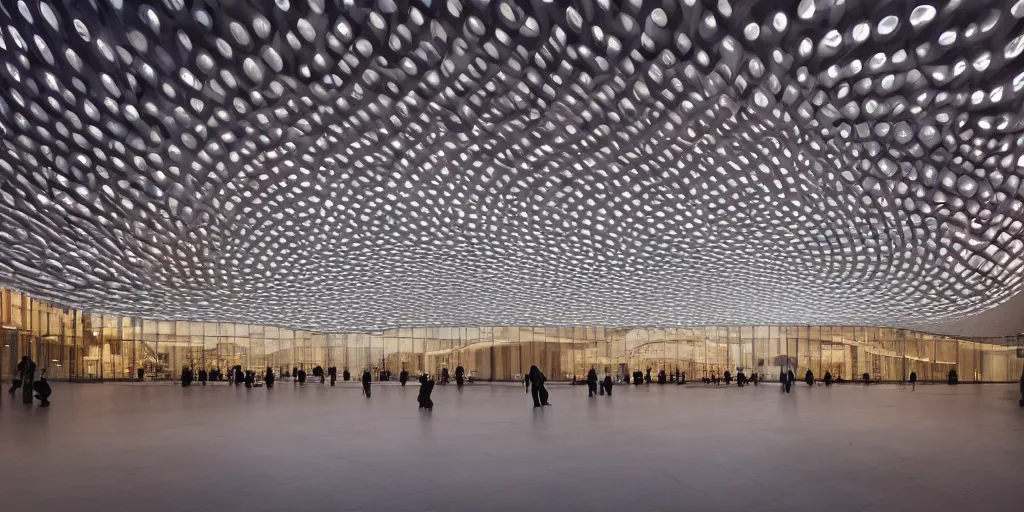 Image similar to extremely detailed awe ornate stunning beautiful futuristic smooth curvilinear elegant retail apple store interior by zaha hadid, stunning volumetric light, stainless steel, concrete, translucent material, beautiful sunset, hyper real, 8 k, colorful, 3 d cinematic volumetric light, atmospheric light