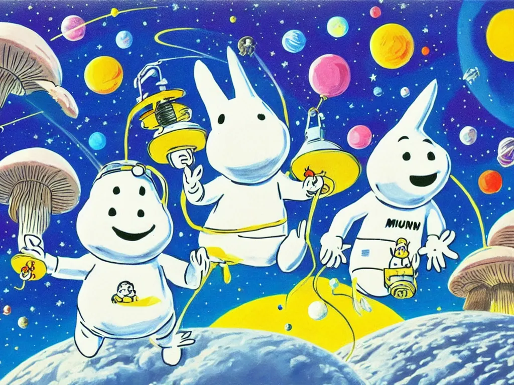 Image similar to moomins in space suits flying around with jetpacks discovering the mushroom planet, photorealistic painting, cgi