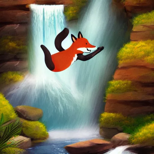 Image similar to A happy fox is jumping into a waterfall (storybook illustration for children, trending on Artstation)