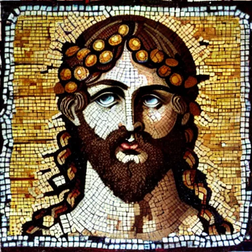 prompthunt: byzantine mosaic of gigachad, perfect face, perfect eyes,  strong jaw, centered, awarded photo, intricated, very detailed, highly  qualified