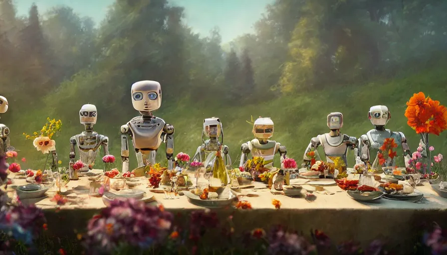 Image similar to a table dinner of robots where robots are dressed like the characters from the midsommar movie wearing flowers, realistic detailed digital art by maxwell boas jessica rossier christian dimitrov anton fadeev trending on artstation cgsociety rendered in unreal engine 4 k hq