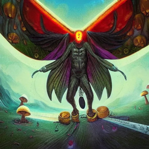 Image similar to A centered chest up portrait of a psychedelic godlike mothman with giant mandala wings smoking a hand-rolled cigarette smoking heavily , magic mushroom village in background , award winning. superb resolution. in the art style of junji Ito and greg rutkowski . Detailed Mushroom city in background. Hyper realistic anime. Perfect art. Dalle2