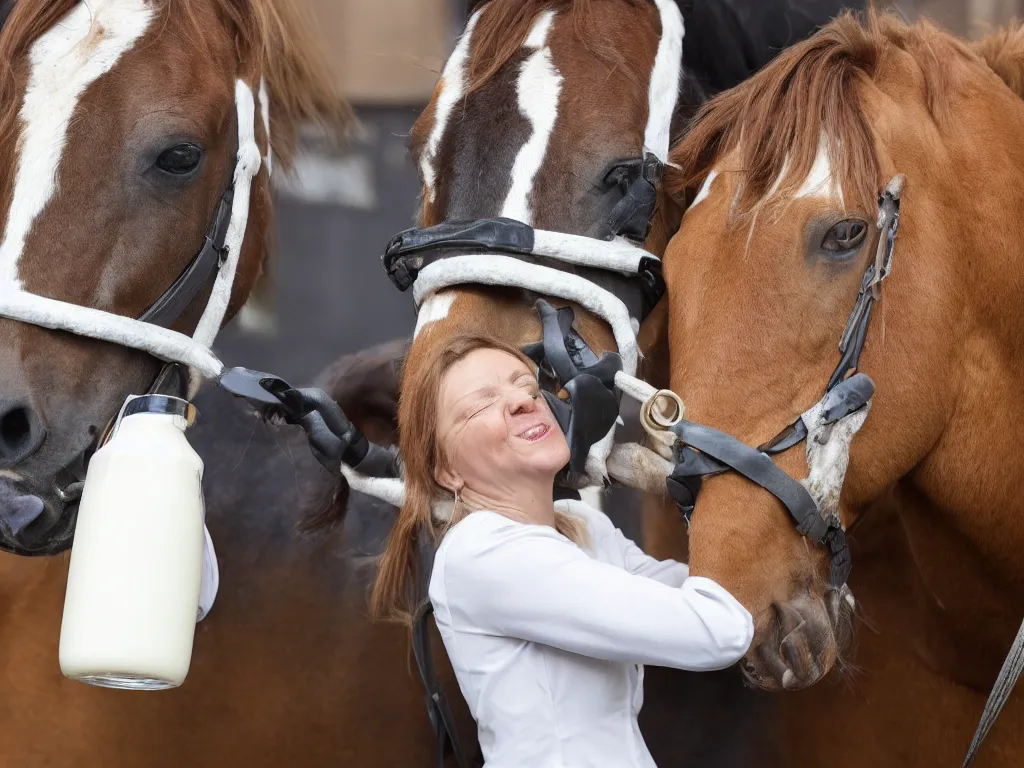 Image similar to liz truss drinking milk from the mouth of a horse