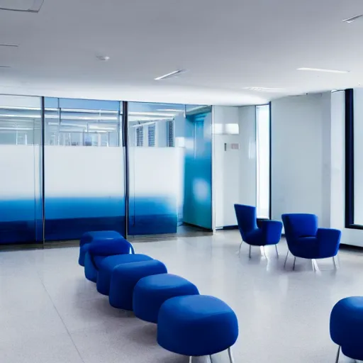 Prompt: a large corporate waiting room, liminal, surreal, white and blue color scheme