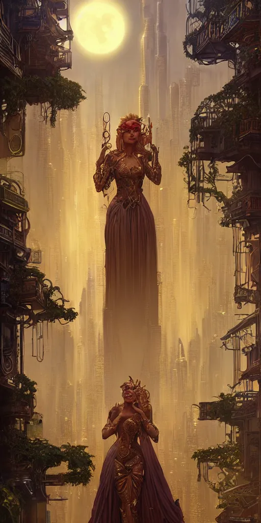 Image similar to golden ornate goddess looking at a hyper realistic cyberpunk city, busy crowded market street overtaken by lush plants, full moon, light rays, gnarly trees by tom bagshaw, mucha, gaston bussiere, craig mullins, j. c. leyendecker 8 k