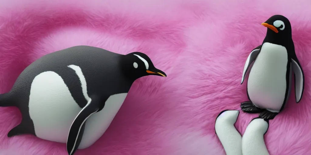 Image similar to realistic penguin sitting in an pink fluffy bed waving, hyper detailed, trending on artstation