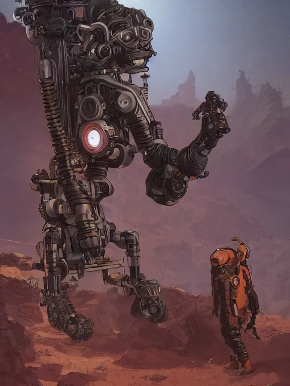 Image similar to solarpunk digital illustration pathfinder robot from apex legends, portrait by james gurney and laurie greasley, concept art, cinematic composition, hyper realism, photorealistic, dramatic lighting, highly detailed, vintage sci - fi