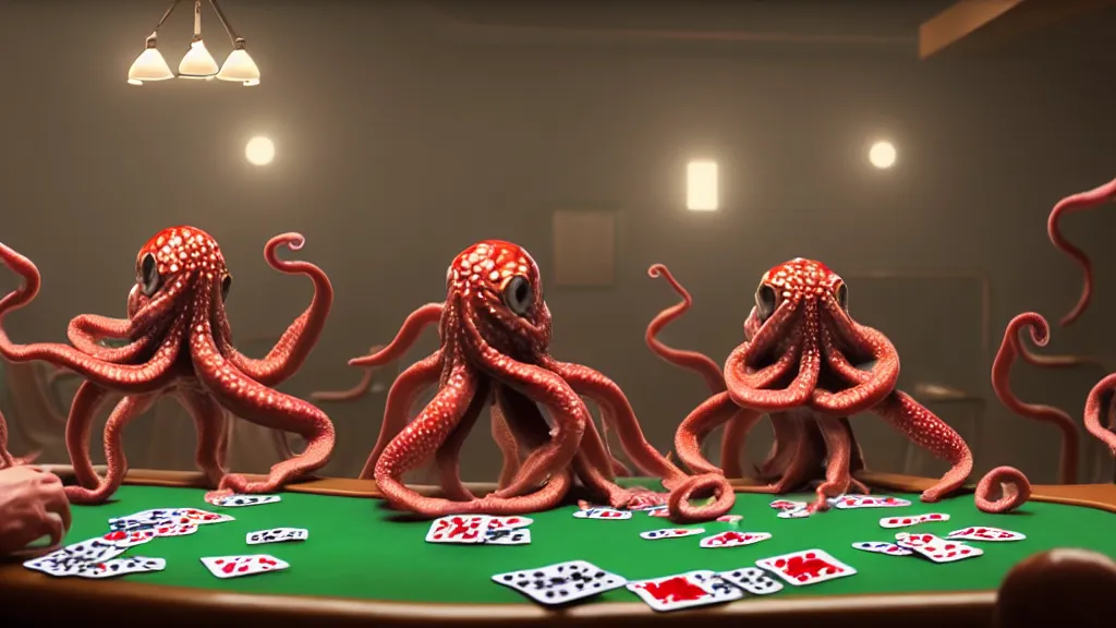 Image similar to hyperrealism simulation highly detailed human octopuses'wearing transparent jackets, playing poker in surreal scene from art house movie from future by wes anderson and denis villeneuve rendered in blender and octane render