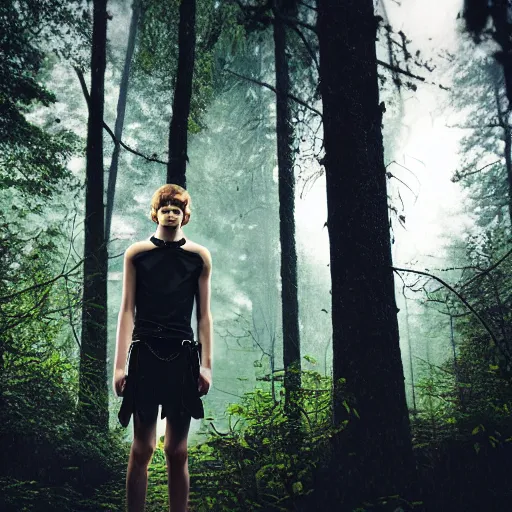 Image similar to a teenage boy, around 1 6 yo. choker necklace. natural brown hair. loincloth, pale skin. detailed face. ominous and eerie looking forest in background. natural colors. hyperrealistic photo.