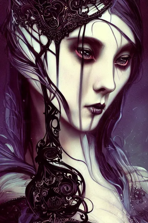 Prompt: beautiful gothic and victorian and luxury and evil young medieval dark crown princess portrait like +smoky eyes+front face with light flowing hair, ultradetail face, art and illustration by tian zi and craig mullins and miqi and alphonse mucha, fantasy, intricate complexity, human structure, human anatomy, fantasy character concept, dynamic lighting, neon light, ssci-fi, watermark, blurry, hyperrealism 8k