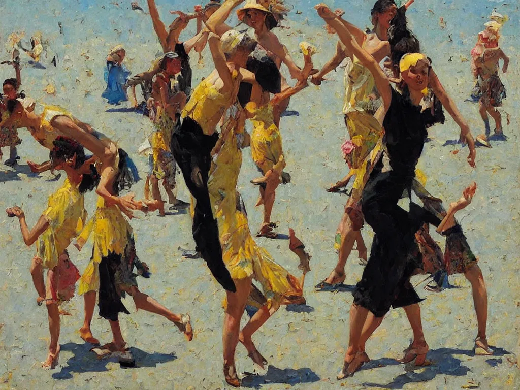 Image similar to tall woman dancing, heatwave, Denis sarazhin, oil on canvas