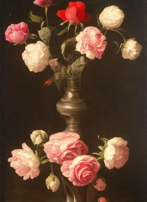 Image similar to detailed dutch still life painting of flowers and roses, sharp focus, dark background