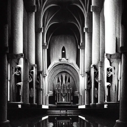 Image similar to hyperrealism hyperdetail. submerged cathedral of dagon beneath the ocean floor. photography by ansel adams. ominous light emits from deep inside the temple.