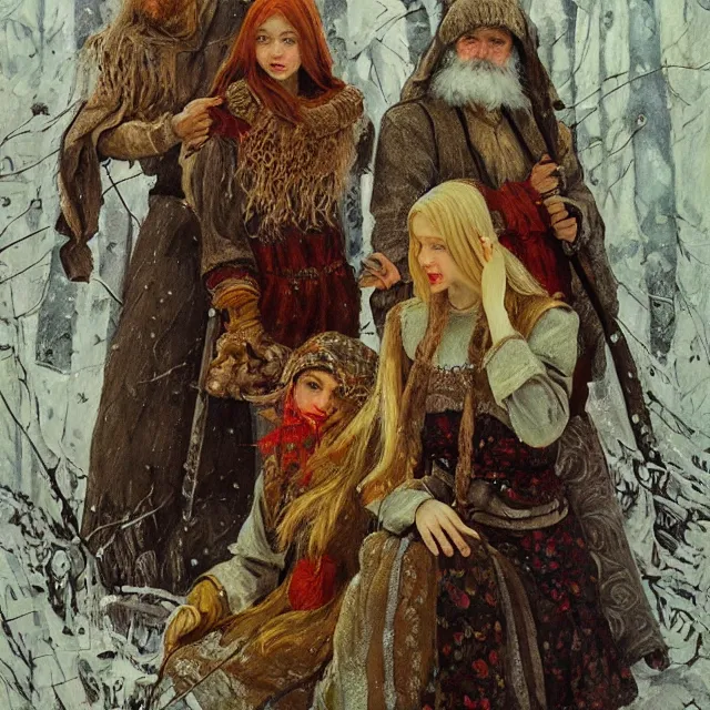 Image similar to russian folk fairytales, an ultrafine detailed painting, academic art, detailed realistic faces, artstation, by pavel korin, viktor vasnetsov