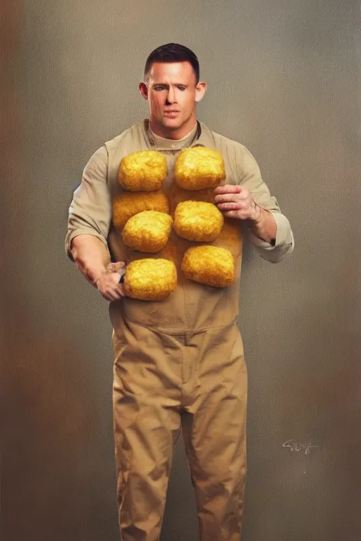 Image similar to channing tatum wearing a tater tot costume, oil on canvas, intricate, 8 k highly professionally detailed, hdr, cgsociety